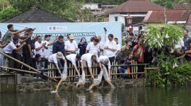 Menteri Lingkungan Hidup Hanif Faisol Nurofiq (dua dari kiri), Deputi Bidang Tata Lingkungan Hidup dan Sumber Daya Alam Sigit Reliantoro (kanan), Bupati Karanganyar Robert Christanto (dua dari kanan) bersama Direktur Utama PLN Nusantara Power (PLN NP) Ruly Firmansyah (kiri) saat melepaskan 3.000 benih ikan tombro ke perairan Telaga Madirda.
