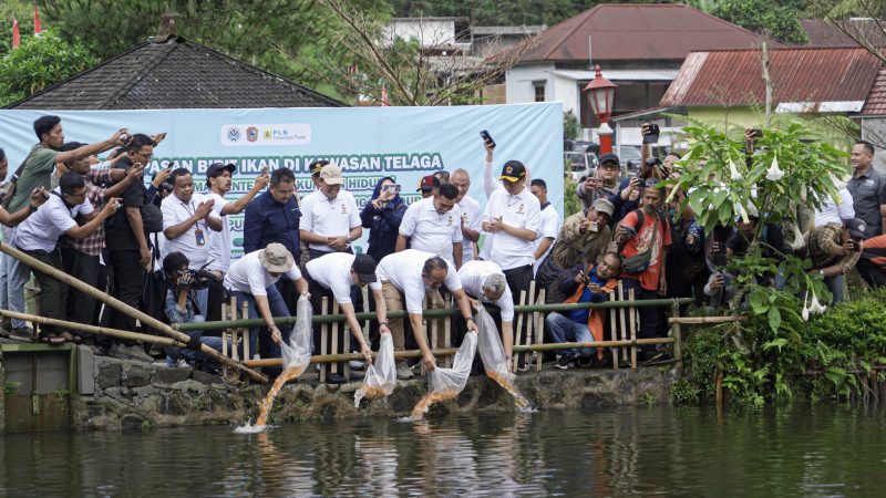 Menteri Lingkungan Hidup Hanif Faisol Nurofiq (dua dari kiri), Deputi Bidang Tata Lingkungan Hidup dan Sumber Daya Alam Sigit Reliantoro (kanan), Bupati Karanganyar Robert Christanto (dua dari kanan) bersama Direktur Utama PLN Nusantara Power (PLN NP) Ruly Firmansyah (kiri) saat melepaskan 3.000 benih ikan tombro ke perairan Telaga Madirda.