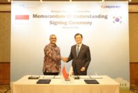 Direktur Utama PLN NPS Jakfar Sadiq (kiri) berjabat tangan dengan President & CEO KEPCO KPS Kim Hongyoun (kanan) seusai menandatangani nota kesepahaman terkait kolaborasi bisnis spada sektor energi untuk pasar globa lpada Selasa (24/2) di Jakarta.